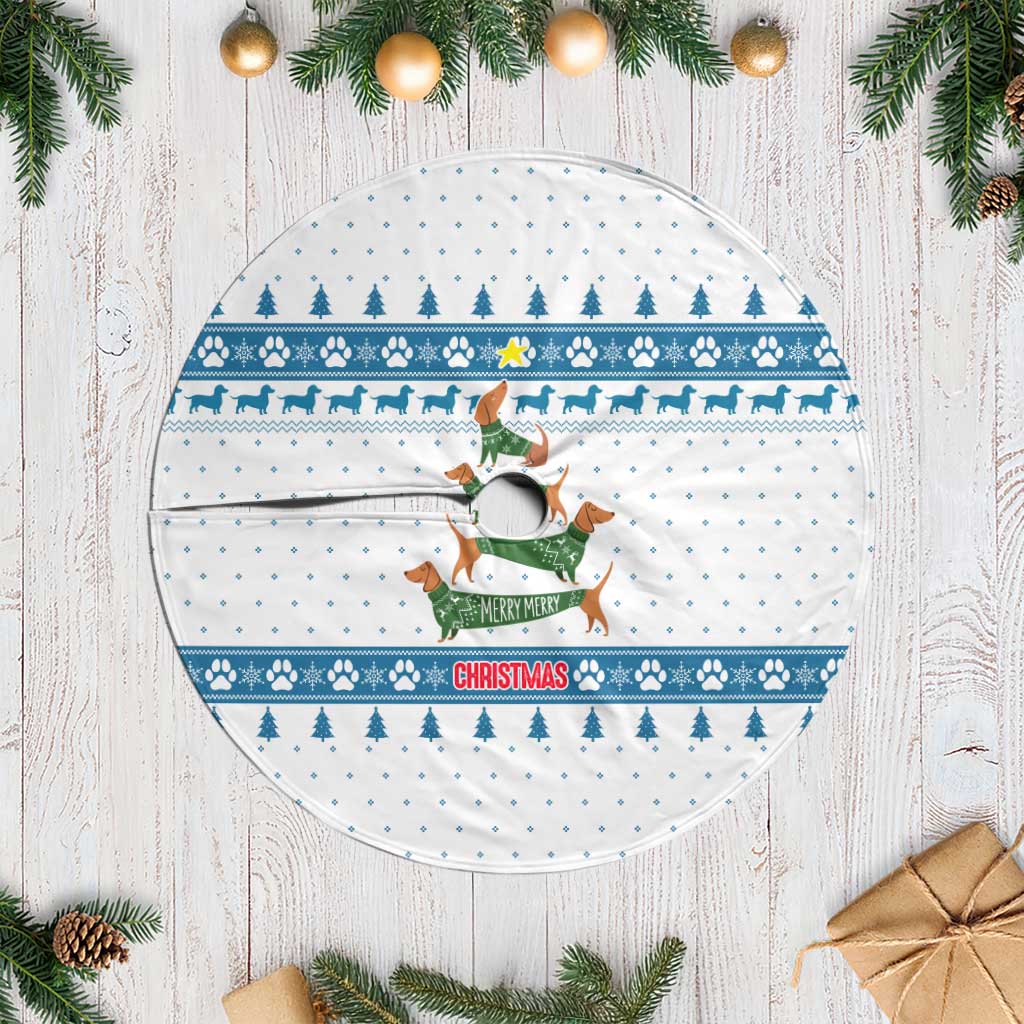 Dachshund Dog Tree Stack Tree Skirt with Blue White Paw Print Pattern Design - Wonder Print Shop