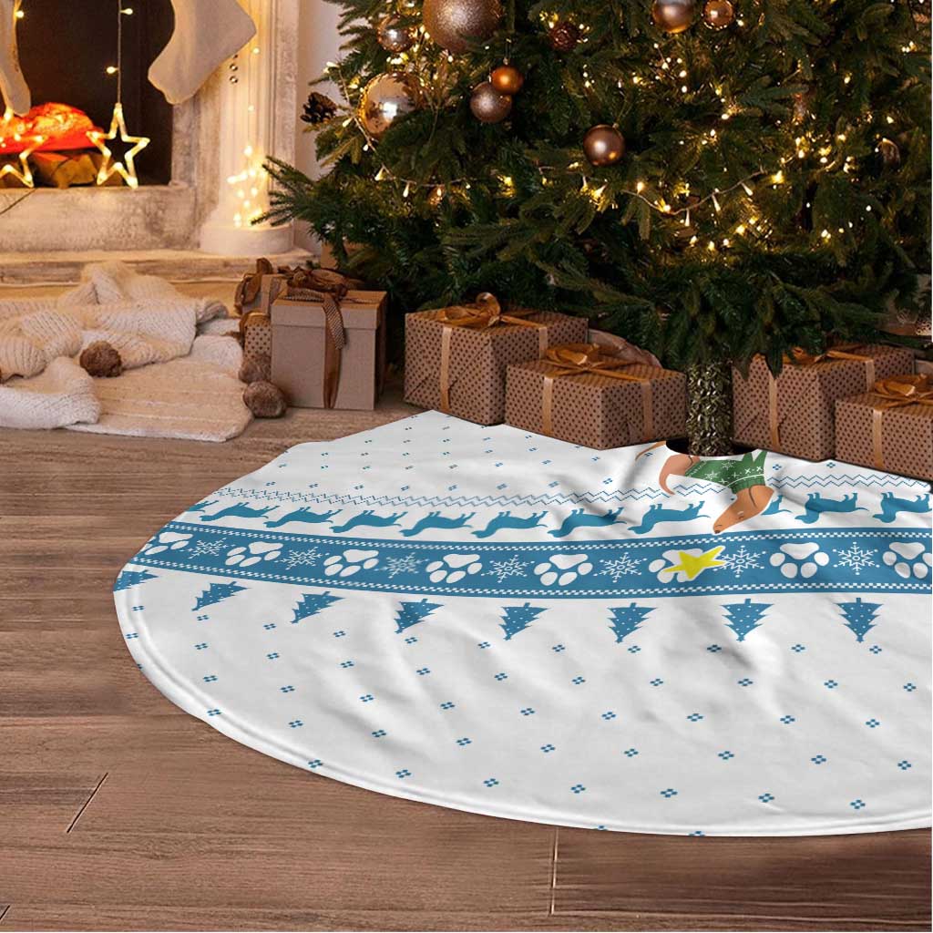 Dachshund Dog Tree Stack Tree Skirt with Blue White Paw Print Pattern Design - Wonder Print Shop