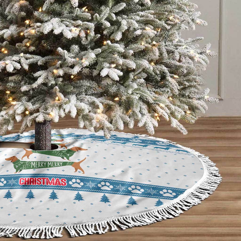 Dachshund Dog Tree Stack Tree Skirt with Blue White Paw Print Pattern Design - Wonder Print Shop