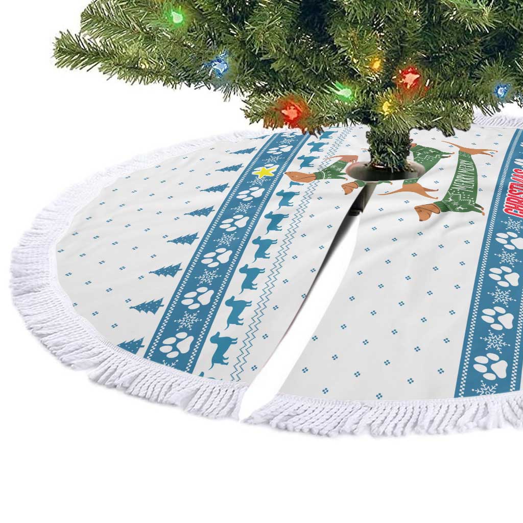 Dachshund Dog Tree Stack Tree Skirt with Blue White Paw Print Pattern Design - Wonder Print Shop