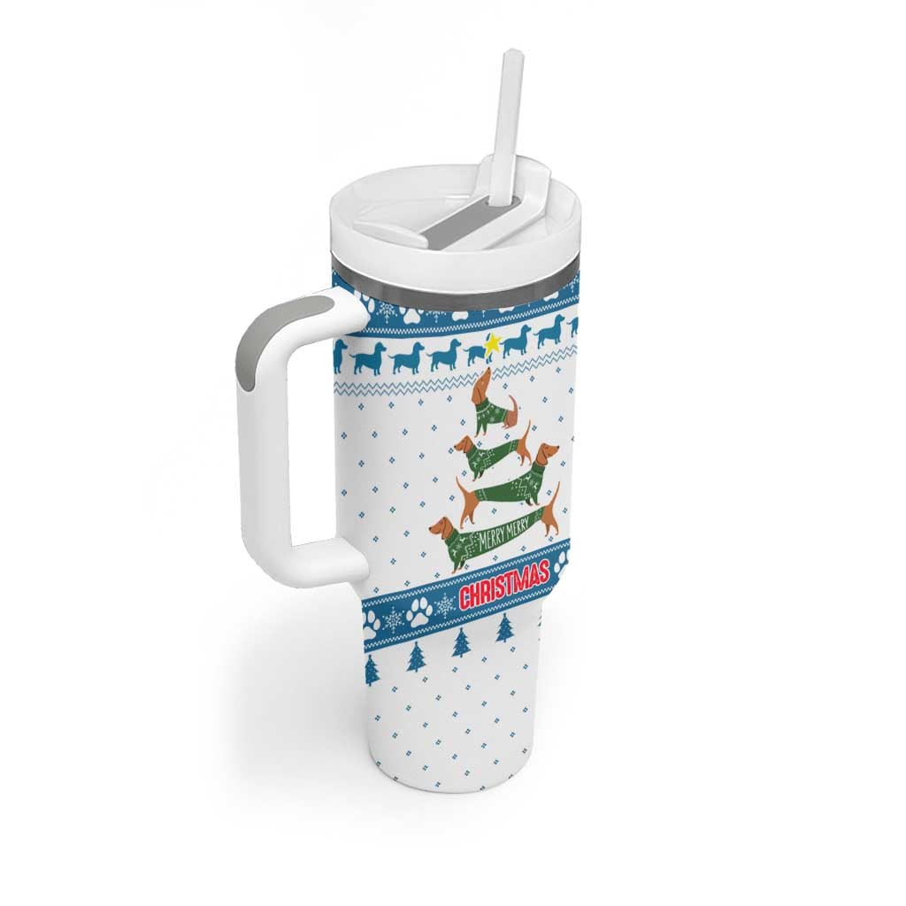 Dachshund Dog Tree Stack Tumbler With Handle with Blue White Paw Print Pattern Design - Wonder Print Shop