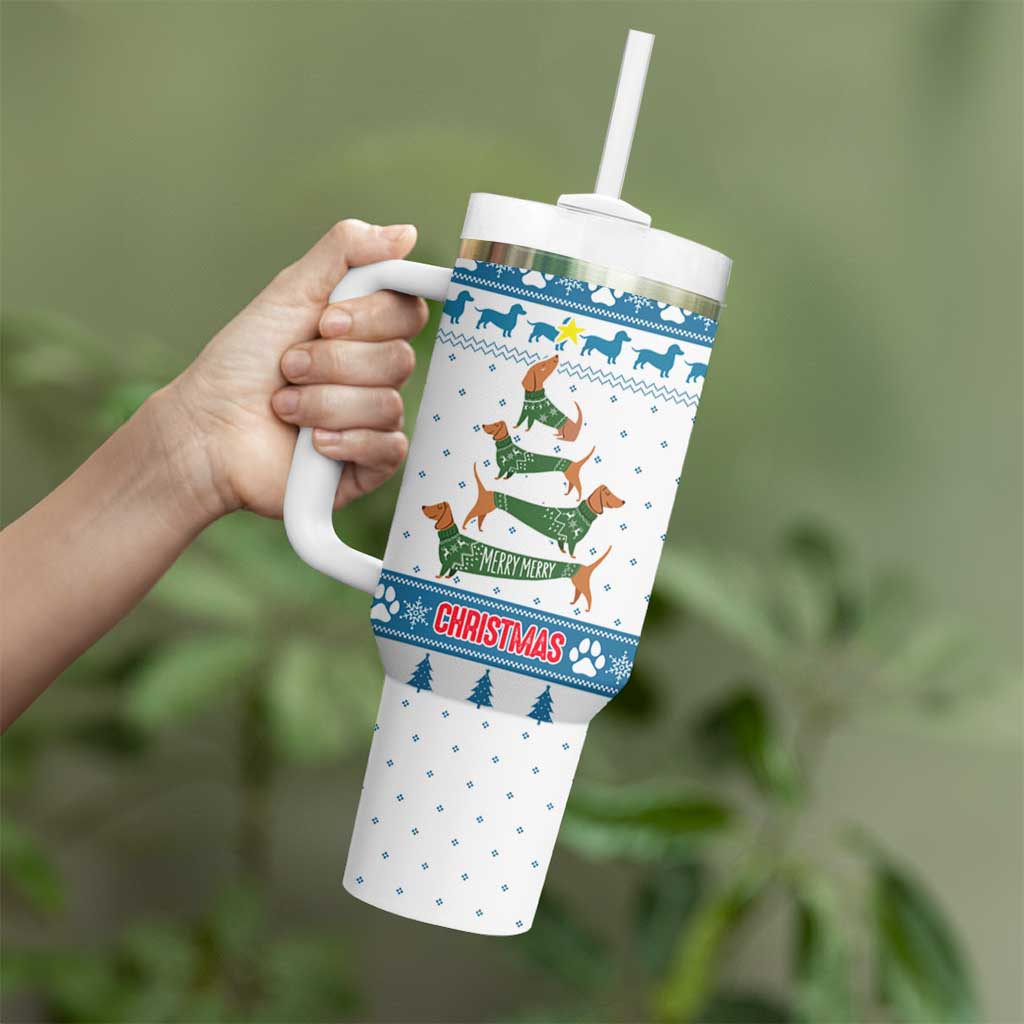 Dachshund Dog Tree Stack Tumbler With Handle with Blue White Paw Print Pattern Design - Wonder Print Shop