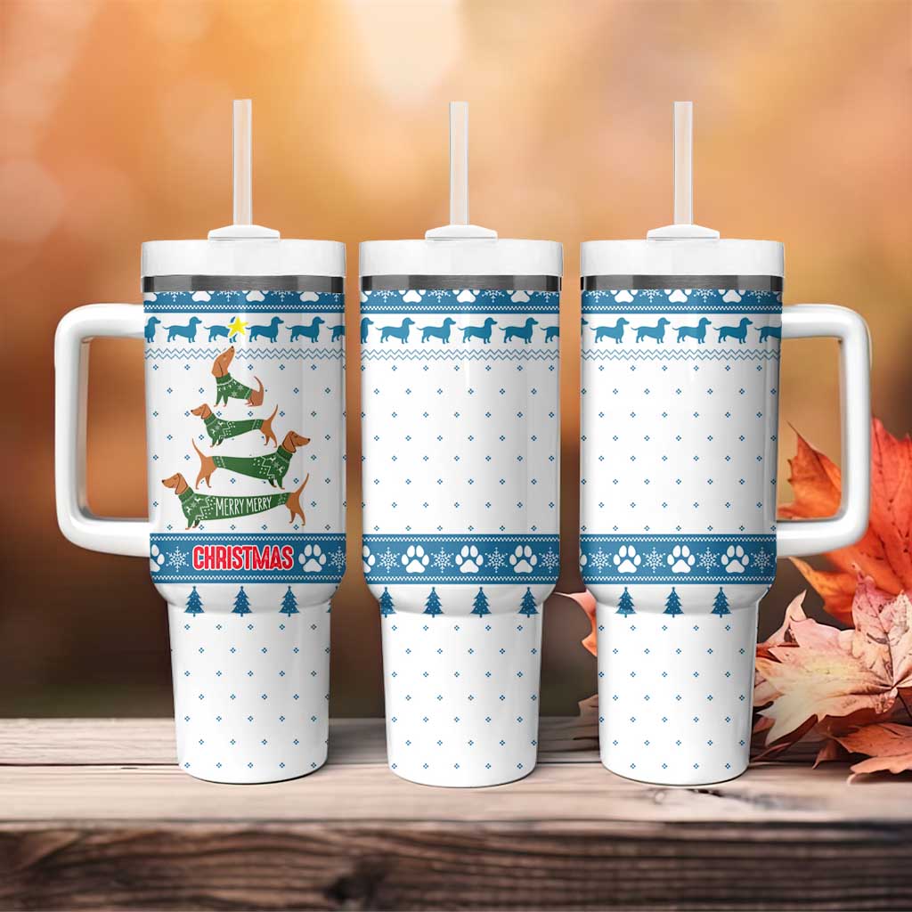 Dachshund Dog Tree Stack Tumbler With Handle with Blue White Paw Print Pattern Design - Wonder Print Shop