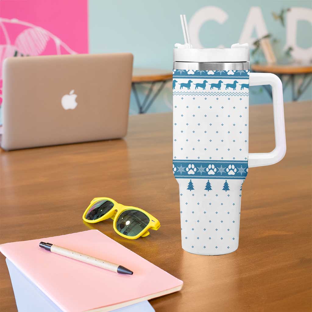 Dachshund Dog Tree Stack Tumbler With Handle with Blue White Paw Print Pattern Design - Wonder Print Shop