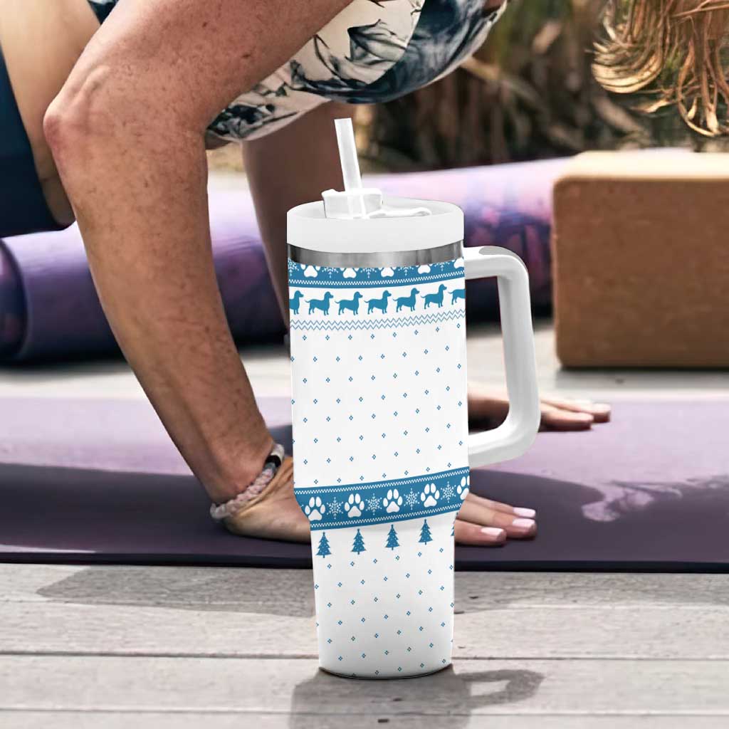 Dachshund Dog Tree Stack Tumbler With Handle with Blue White Paw Print Pattern Design - Wonder Print Shop