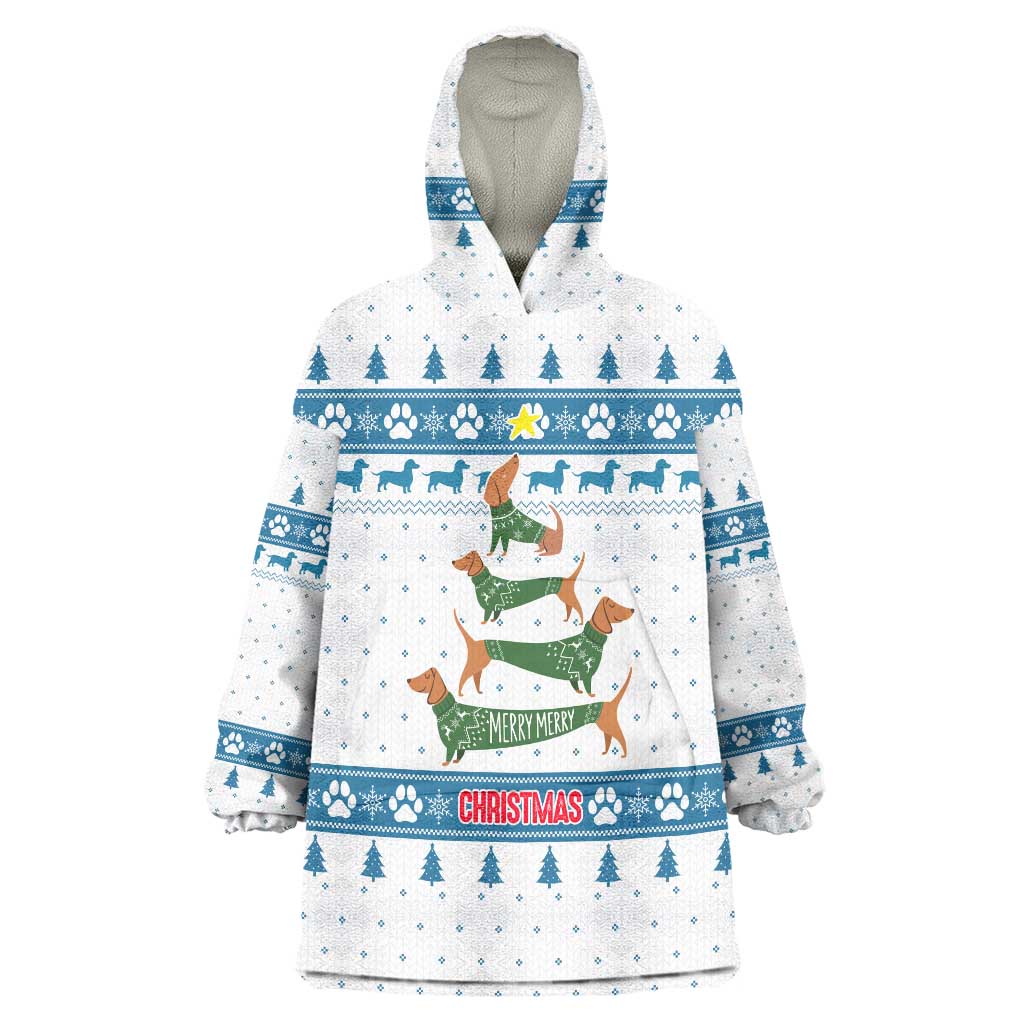 Dachshund Dog Tree Stack Wearable Blanket Hoodie with Blue White Paw Print Pattern Design - Wonder Print Shop