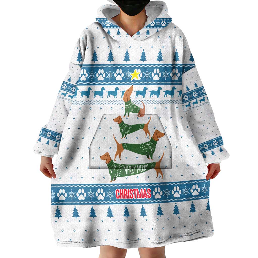 Dachshund Dog Tree Stack Wearable Blanket Hoodie with Blue White Paw Print Pattern Design - Wonder Print Shop