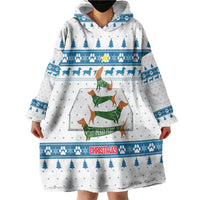 Dachshund Dog Tree Stack Wearable Blanket Hoodie with Blue White Paw Print Pattern Design - Wonder Print Shop