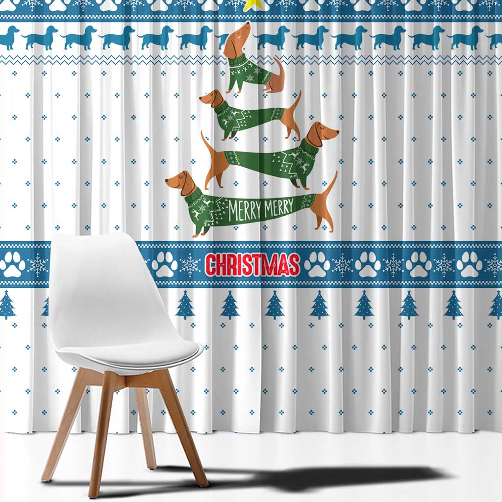 Dachshund Dog Tree Stack Window Curtain with Blue White Paw Print Pattern Design - Wonder Print Shop