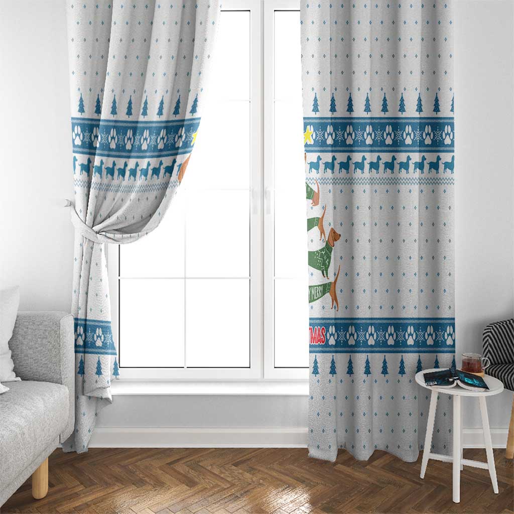 Dachshund Dog Tree Stack Window Curtain with Blue White Paw Print Pattern Design - Wonder Print Shop