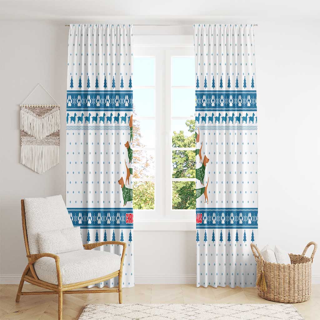 Dachshund Dog Tree Stack Window Curtain with Blue White Paw Print Pattern Design - Wonder Print Shop