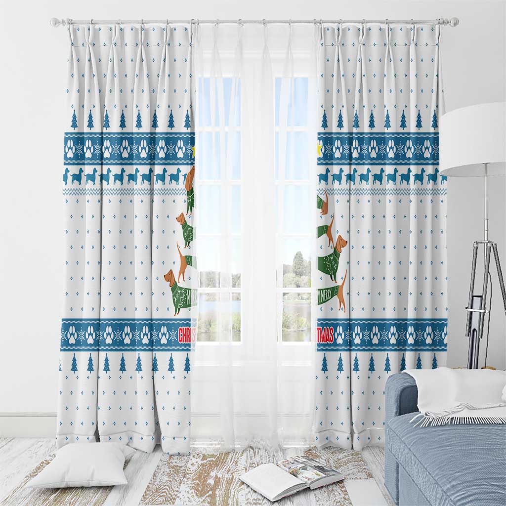 Dachshund Dog Tree Stack Window Curtain with Blue White Paw Print Pattern Design - Wonder Print Shop