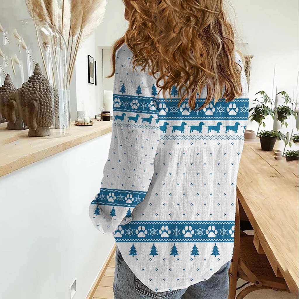 Dachshund Dog Tree Stack Women Casual Shirt with Blue White Paw Print Pattern Design - Wonder Print Shop