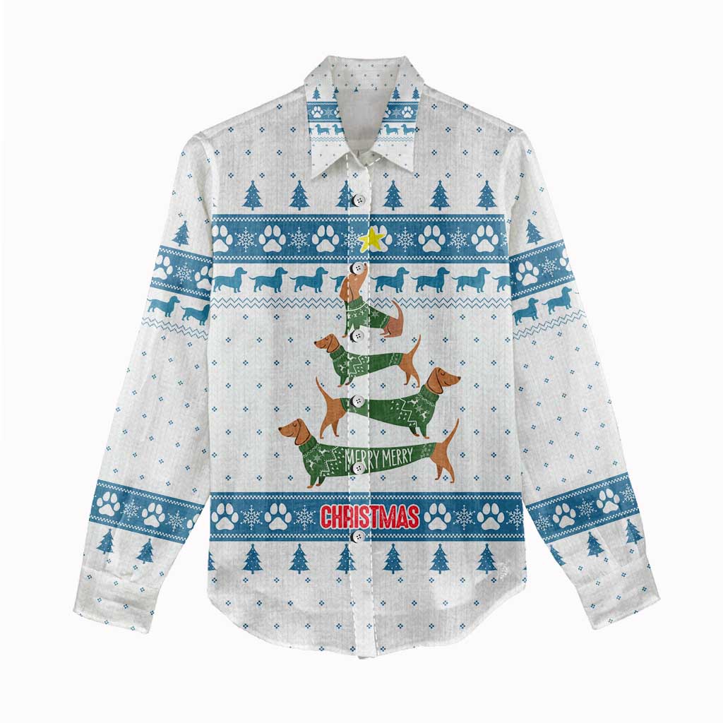 Dachshund Dog Tree Stack Women Casual Shirt with Blue White Paw Print Pattern Design - Wonder Print Shop