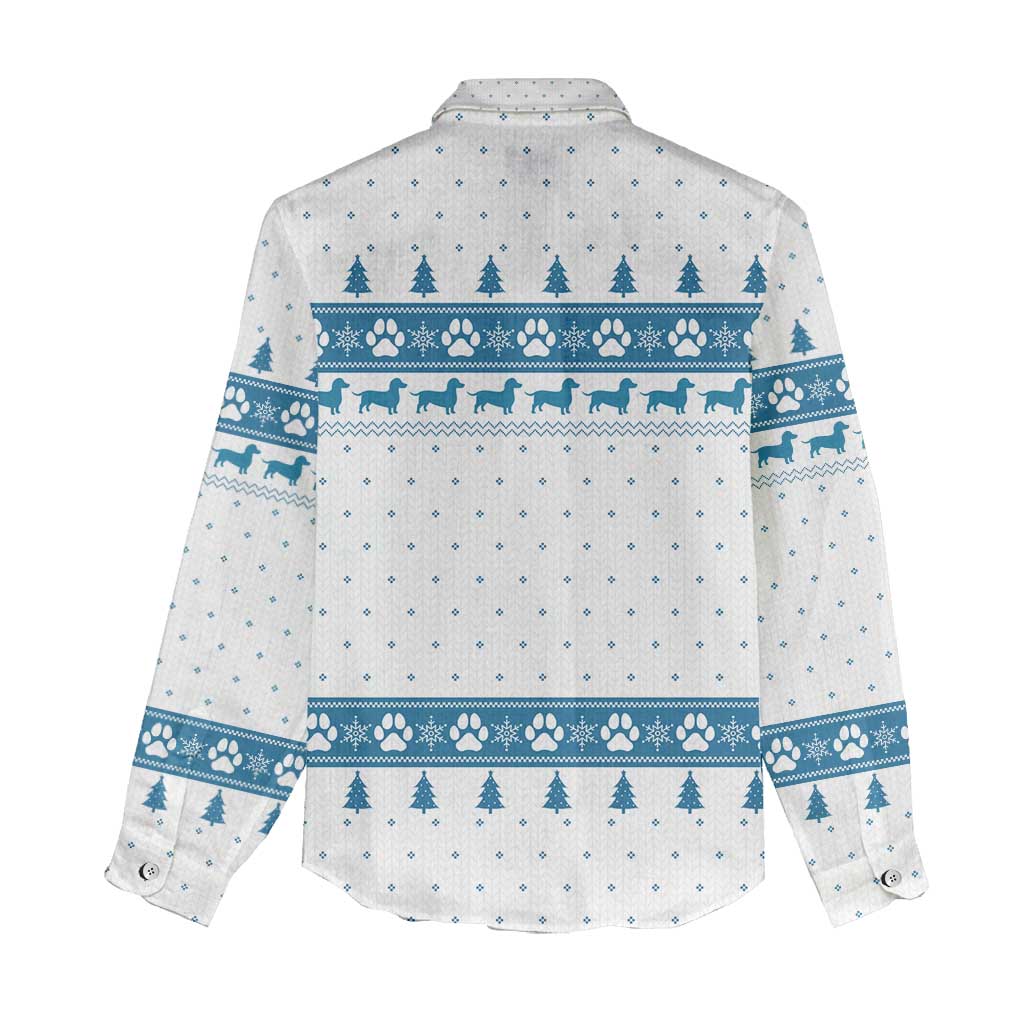 Dachshund Dog Tree Stack Women Casual Shirt with Blue White Paw Print Pattern Design - Wonder Print Shop