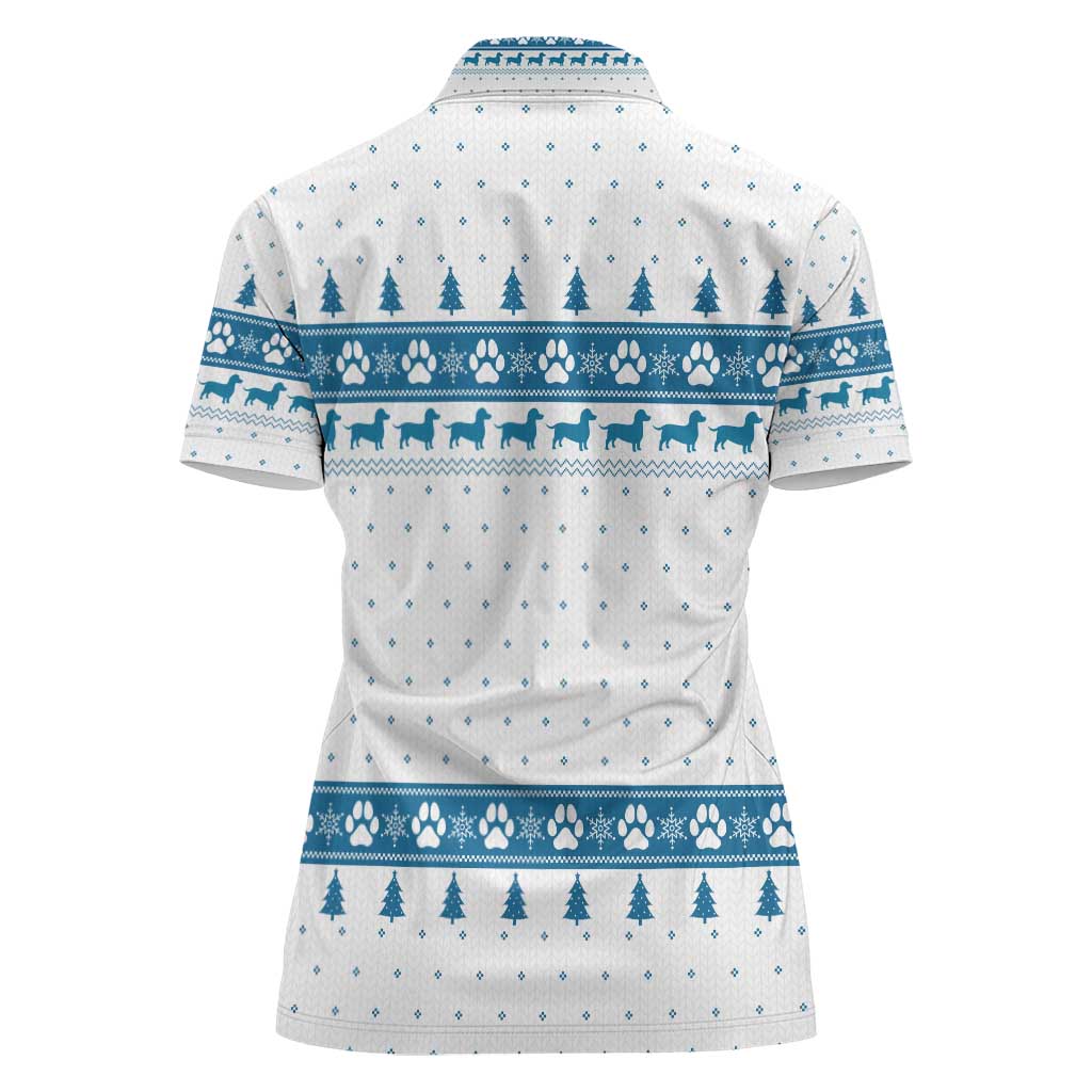 Dachshund Dog Tree Stack Women Polo Shirt with Blue White Paw Print Pattern Design - Wonder Print Shop