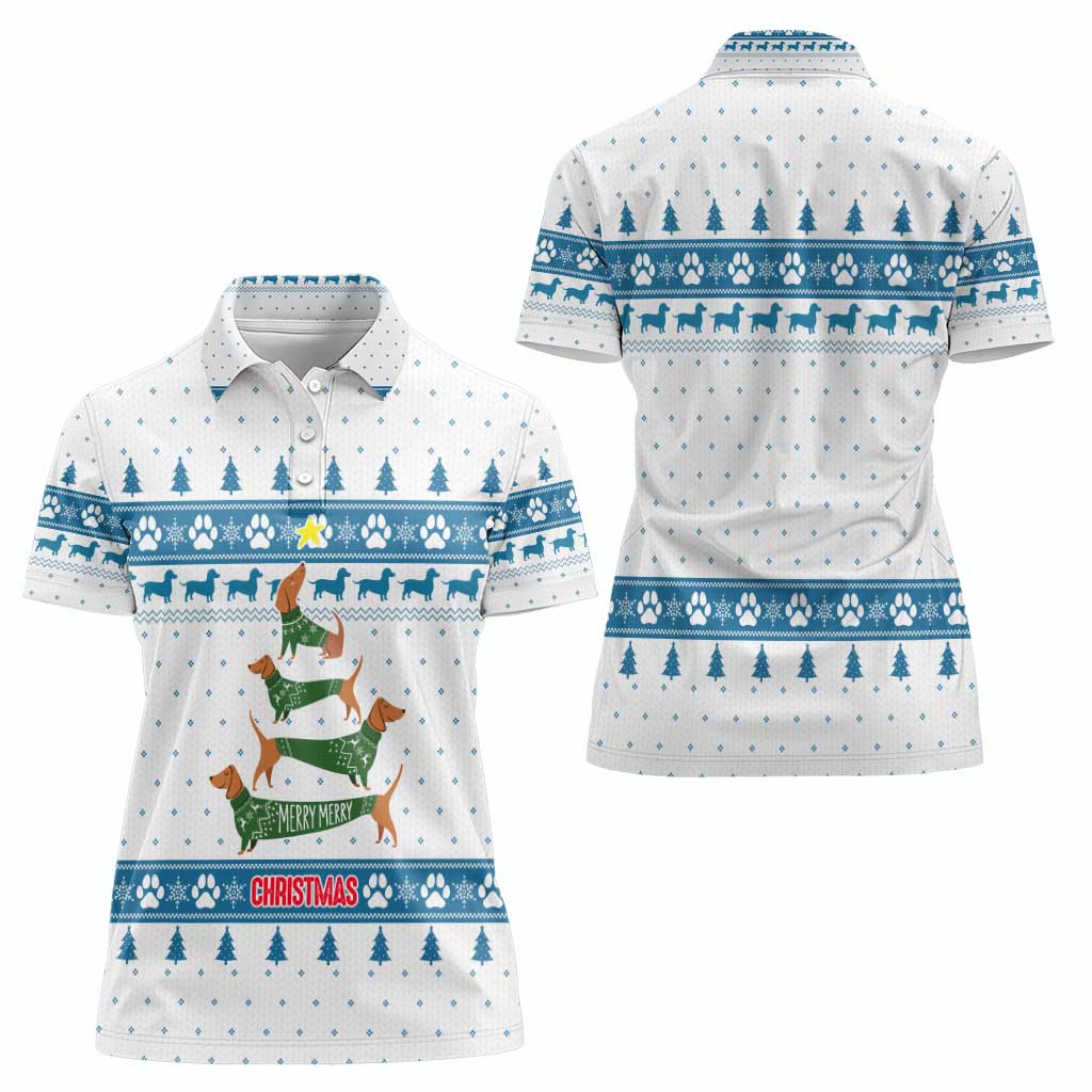 Dachshund Dog Tree Stack Women Polo Shirt with Blue White Paw Print Pattern Design - Wonder Print Shop