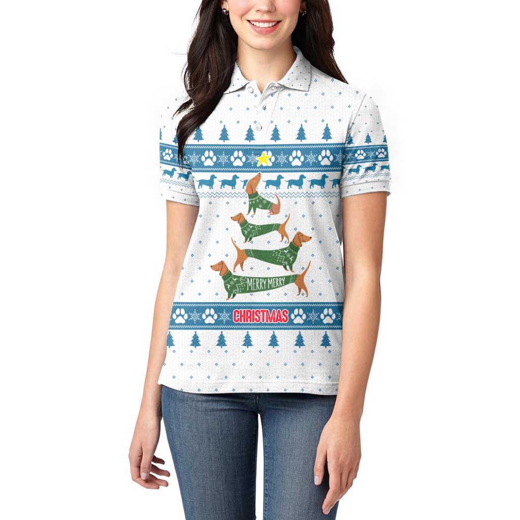 Dachshund Dog Tree Stack Women Polo Shirt with Blue White Paw Print Pattern Design - Wonder Print Shop