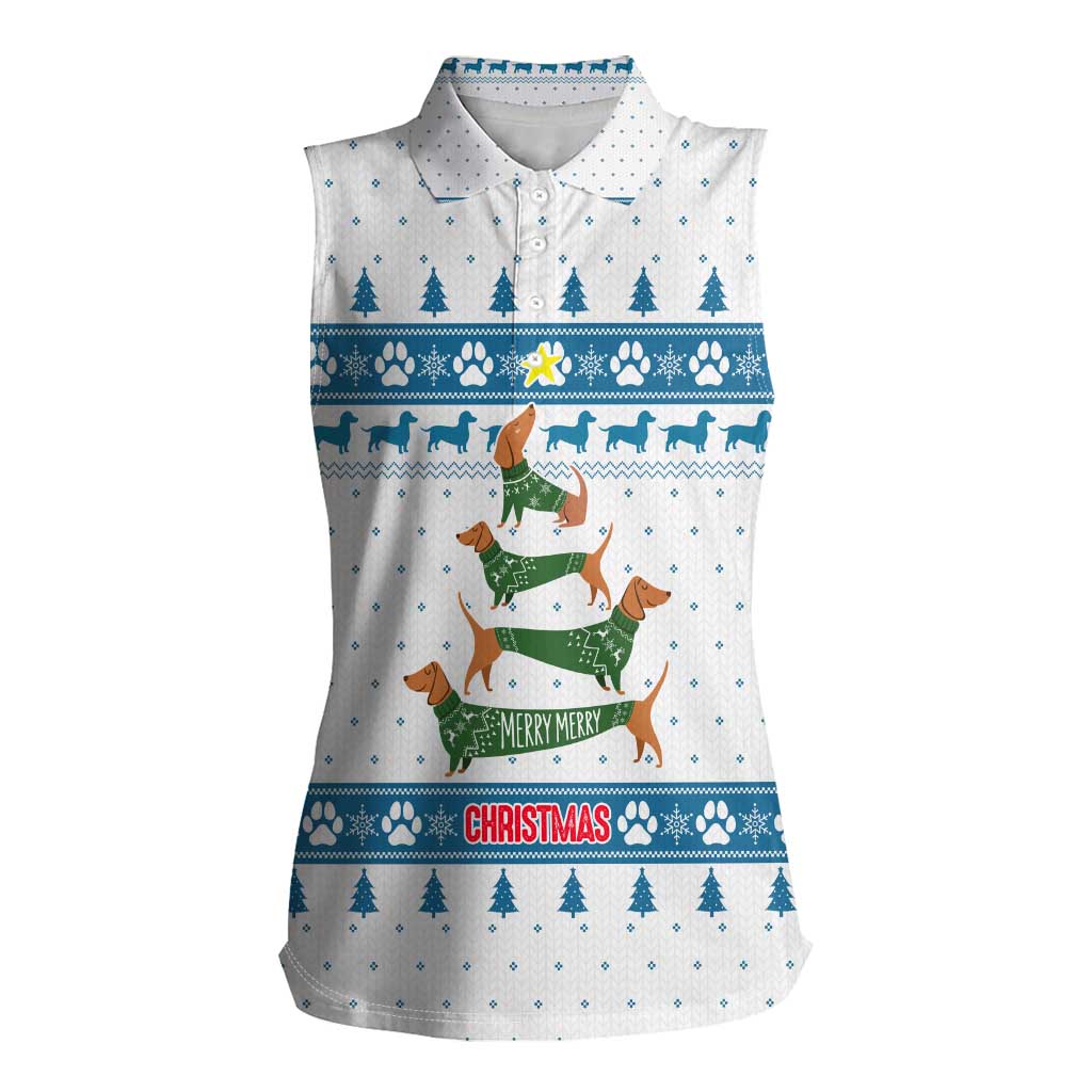 Dachshund Dog Tree Stack Women Sleeveless Polo Shirt with Blue White Paw Print Pattern Design - Wonder Print Shop
