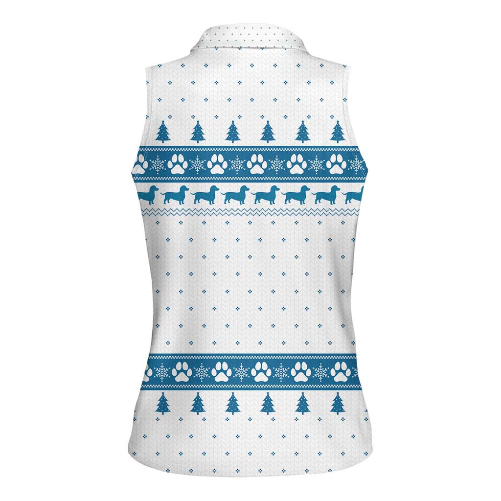 Dachshund Dog Tree Stack Women Sleeveless Polo Shirt with Blue White Paw Print Pattern Design - Wonder Print Shop