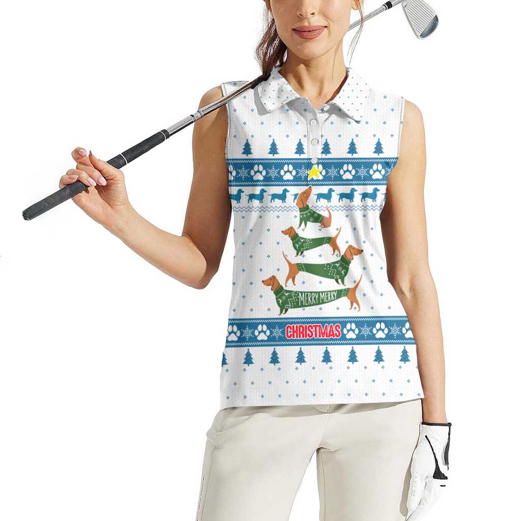 Dachshund Dog Tree Stack Women Sleeveless Polo Shirt with Blue White Paw Print Pattern Design - Wonder Print Shop