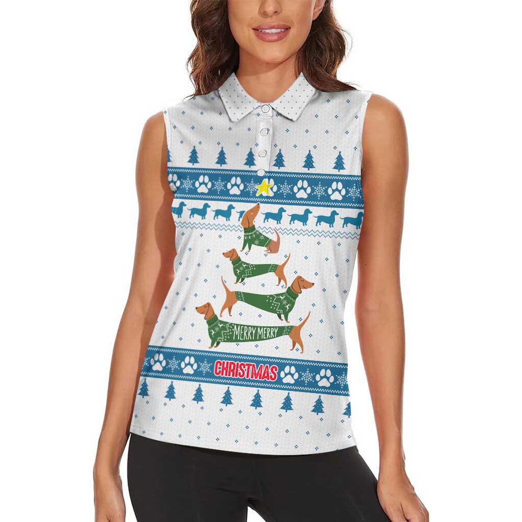 Dachshund Dog Tree Stack Women Sleeveless Polo Shirt with Blue White Paw Print Pattern Design - Wonder Print Shop