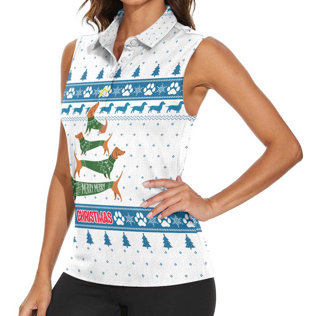 Dachshund Dog Tree Stack Women Sleeveless Polo Shirt with Blue White Paw Print Pattern Design - Wonder Print Shop