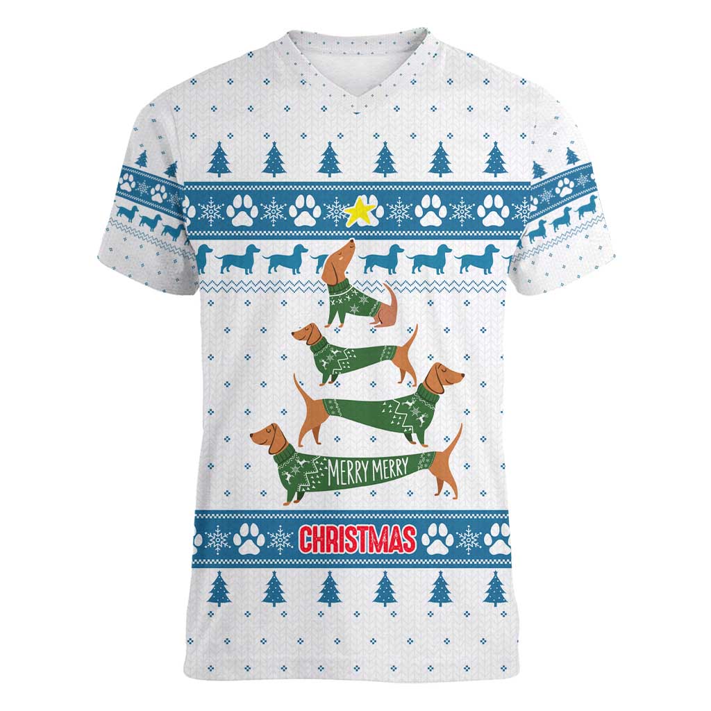Dachshund Dog Tree Stack Women V-Neck T-Shirt with Blue White Paw Print Pattern Design - Wonder Print Shop