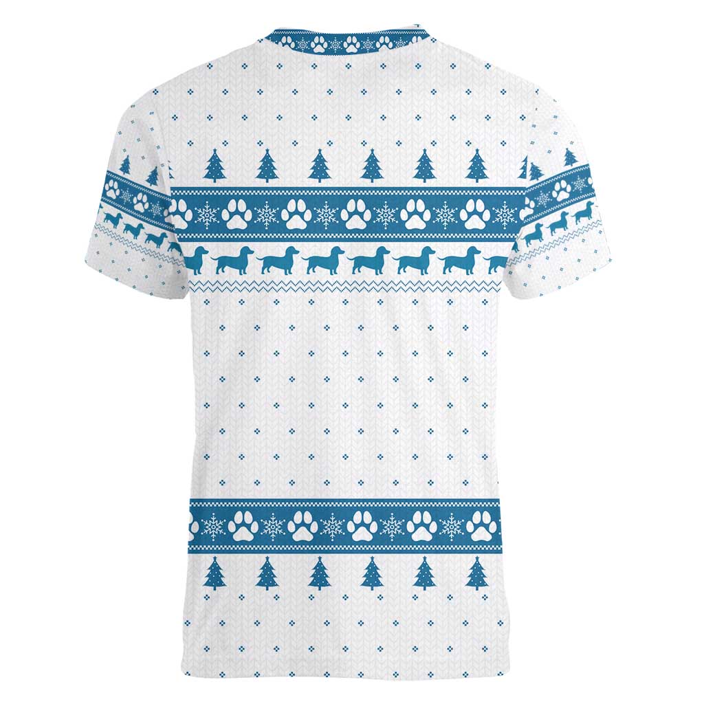 Dachshund Dog Tree Stack Women V-Neck T-Shirt with Blue White Paw Print Pattern Design - Wonder Print Shop