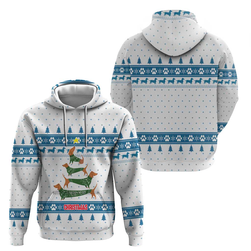 Dachshund Dog Tree Stack Zip Hoodie with Blue White Paw Print Pattern Design - Wonder Print Shop