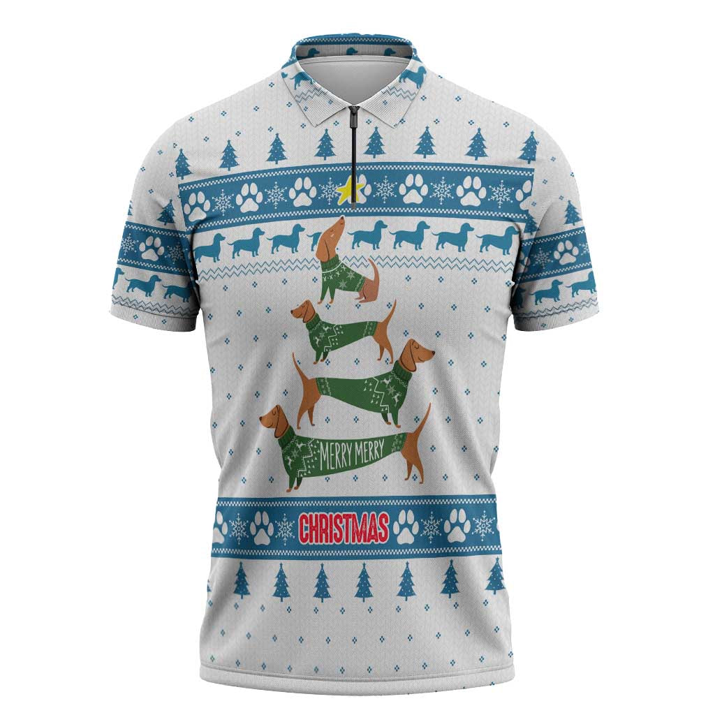 Dachshund Dog Tree Stack Zipper Polo Shirt with Blue White Paw Print Pattern Design - Wonder Print Shop