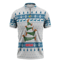 Dachshund Dog Tree Stack Zipper Polo Shirt with Blue White Paw Print Pattern Design - Wonder Print Shop