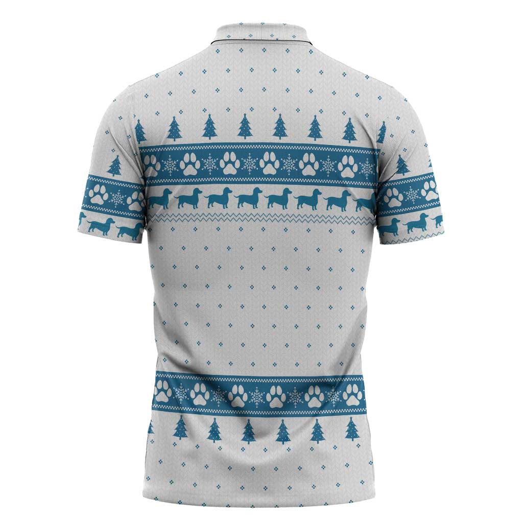 Dachshund Dog Tree Stack Zipper Polo Shirt with Blue White Paw Print Pattern Design - Wonder Print Shop