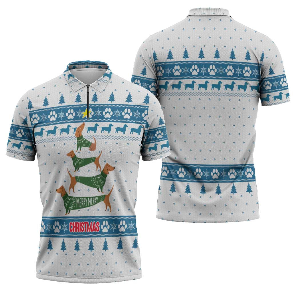 Dachshund Dog Tree Stack Zipper Polo Shirt with Blue White Paw Print Pattern Design - Wonder Print Shop