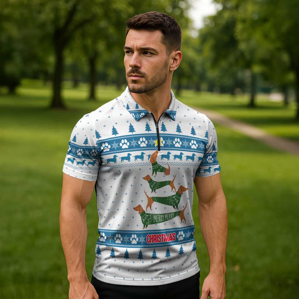 Dachshund Dog Tree Stack Zipper Polo Shirt with Blue White Paw Print Pattern Design - Wonder Print Shop