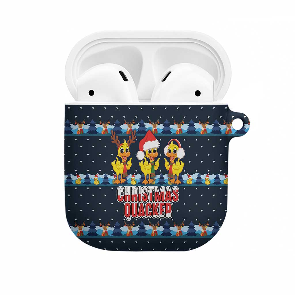 Funny Duck Characters Christmas Quacker Quote AirPods Case with Navy Tree Pattern Design - Wonder Print Shop
