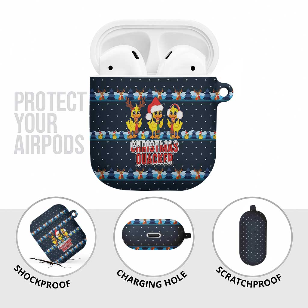 Funny Duck Characters Christmas Quacker Quote AirPods Case with Navy Tree Pattern Design - Wonder Print Shop