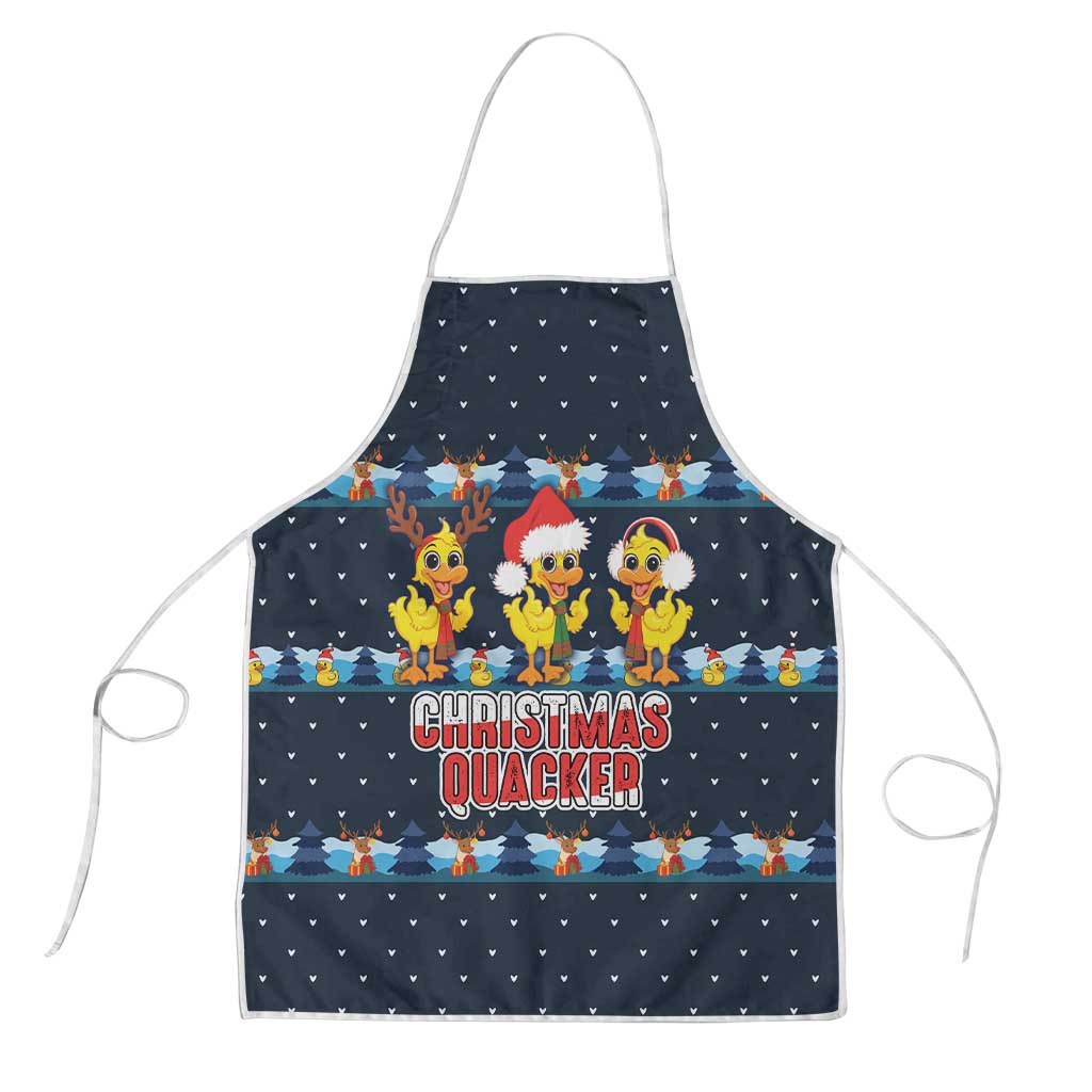 Funny Duck Characters Christmas Quacker Quote Apron with Navy Tree Pattern Design - Wonder Print Shop