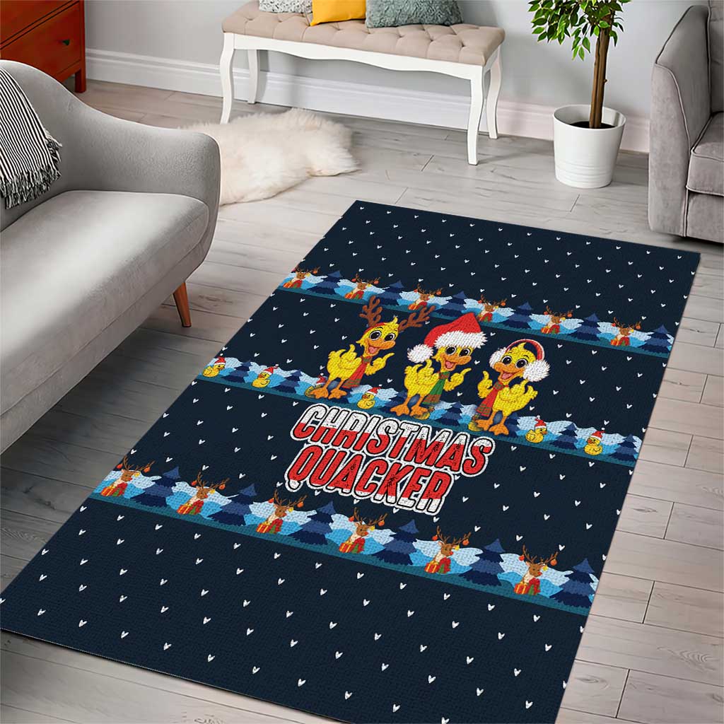 Funny Duck Characters Christmas Quacker Quote Area Rug with Navy Tree Pattern Design - Wonder Print Shop