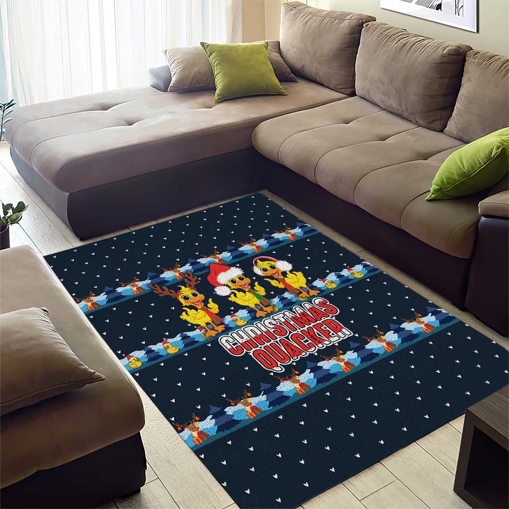 Funny Duck Characters Christmas Quacker Quote Area Rug with Navy Tree Pattern Design - Wonder Print Shop