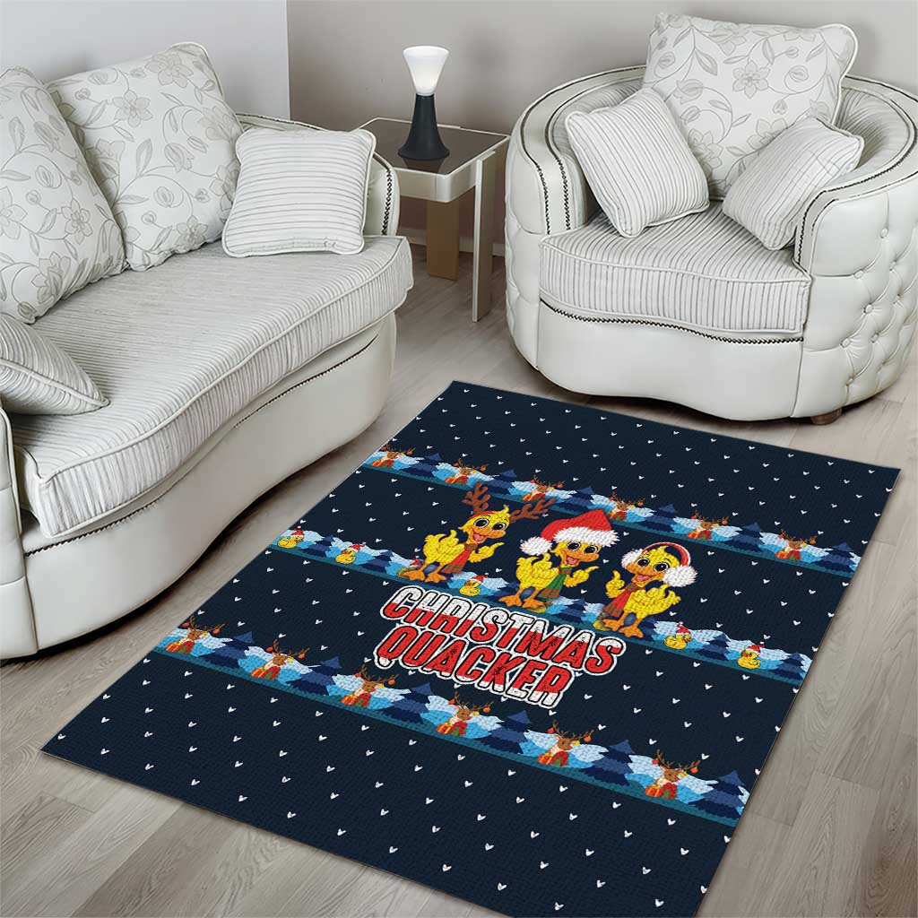 Funny Duck Characters Christmas Quacker Quote Area Rug with Navy Tree Pattern Design - Wonder Print Shop