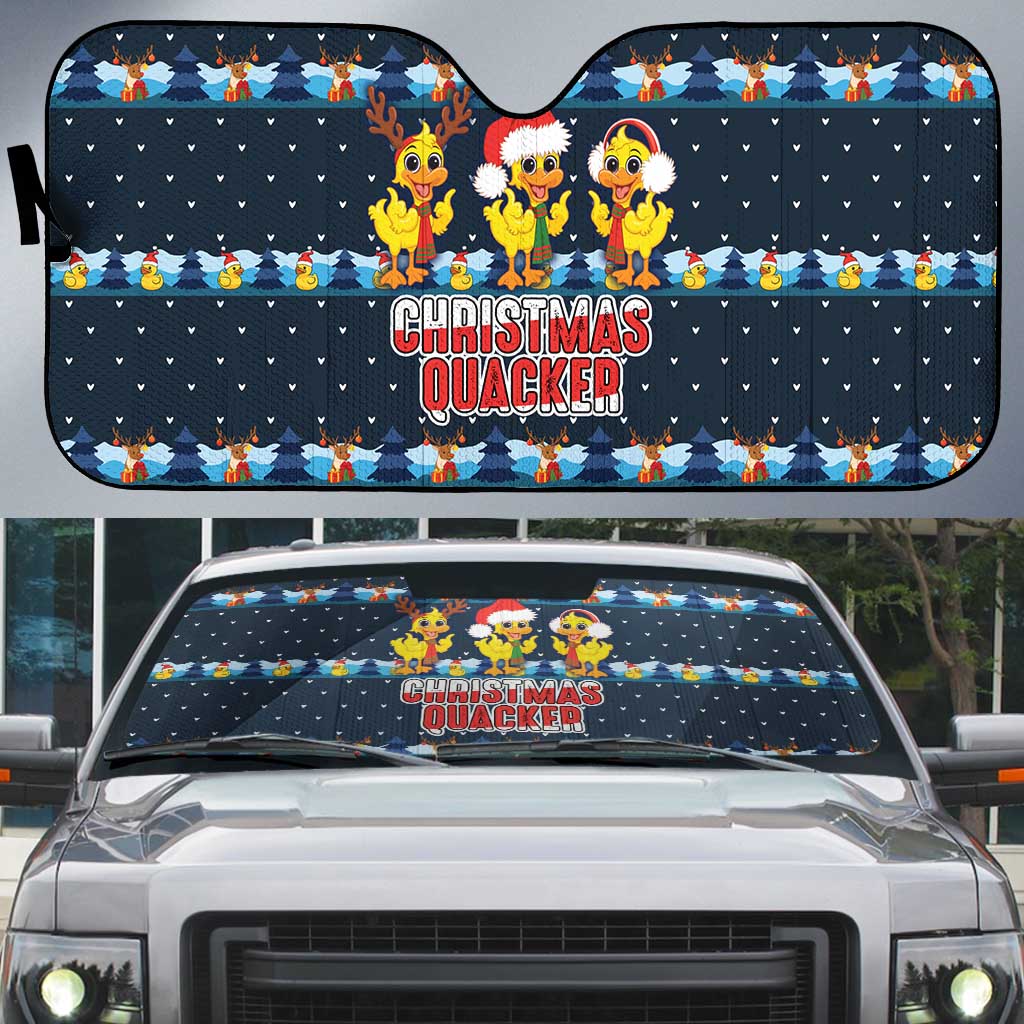 Funny Duck Characters Christmas Quacker Quote Auto Sun Shade with Navy Tree Pattern Design - Wonder Print Shop
