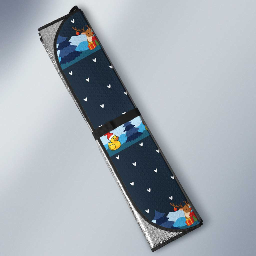 Funny Duck Characters Christmas Quacker Quote Auto Sun Shade with Navy Tree Pattern Design - Wonder Print Shop
