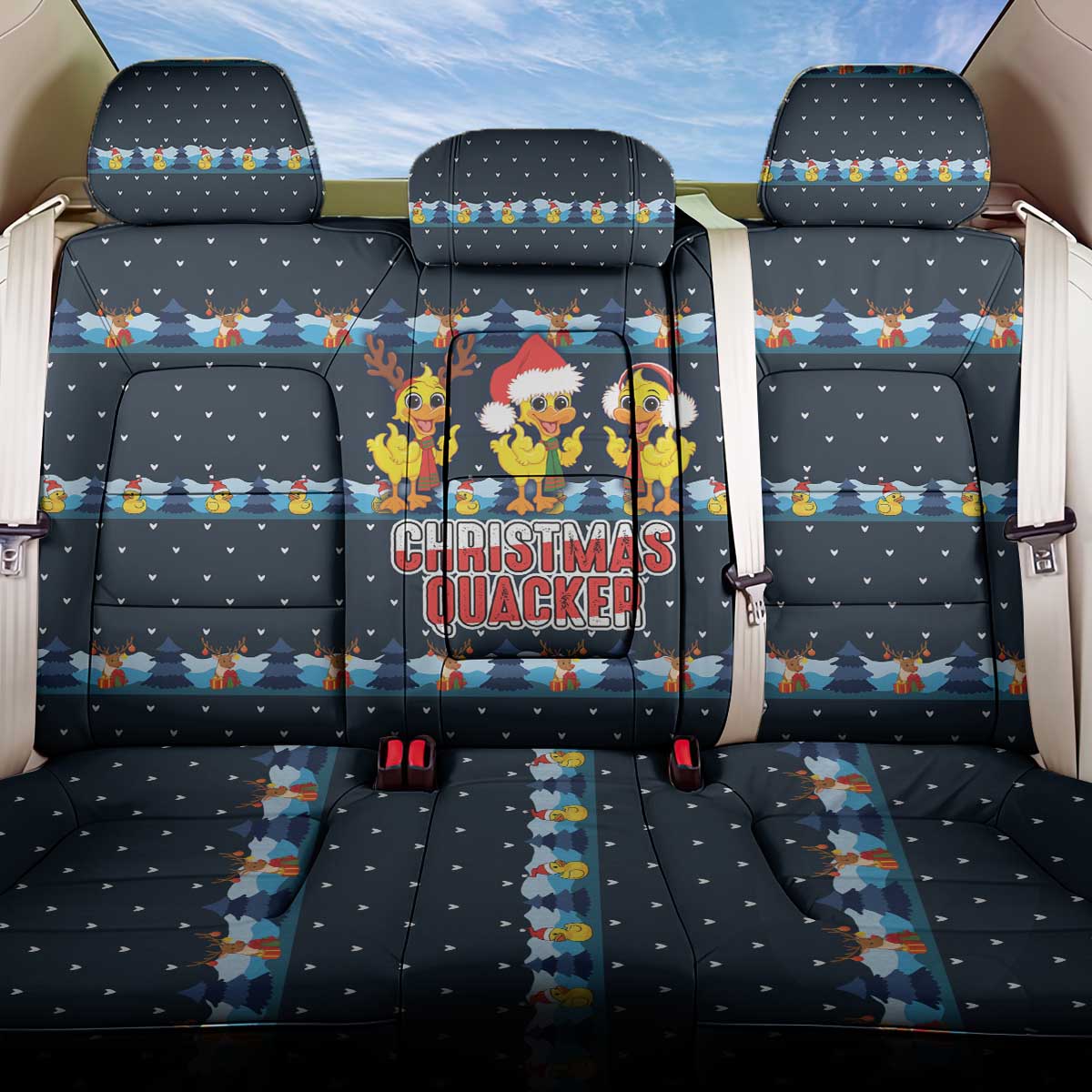 Funny Duck Characters Christmas Quacker Quote Back Car Seat Cover with Navy Tree Pattern Design - Wonder Print Shop