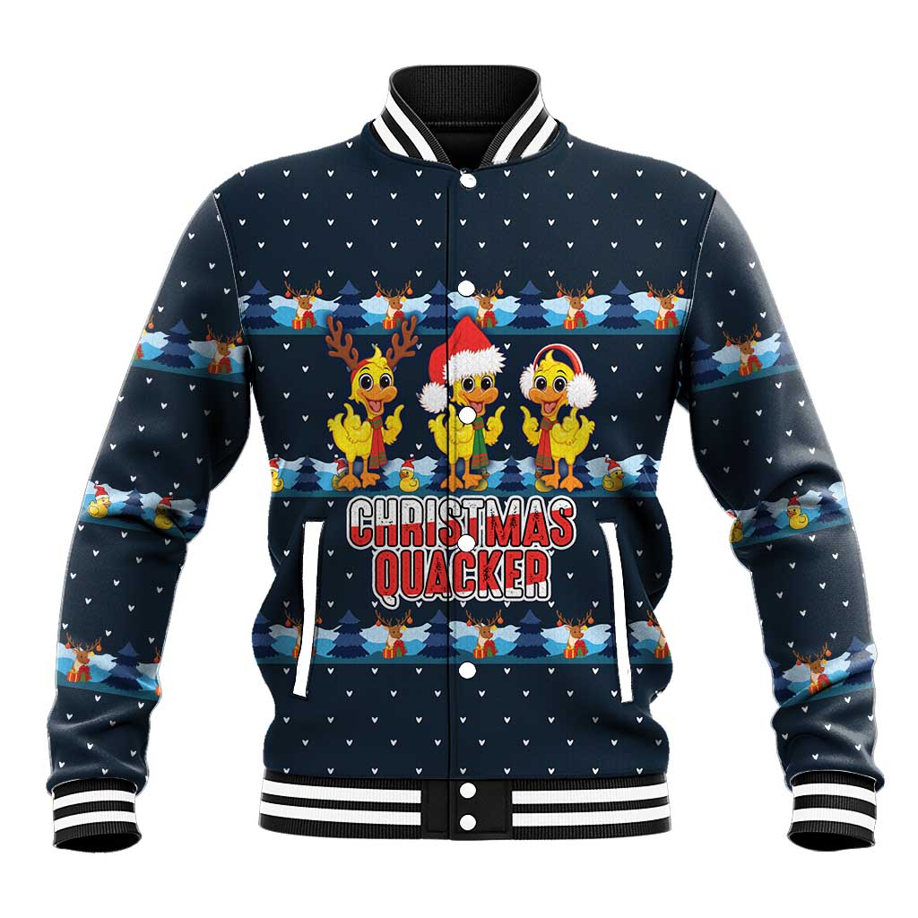 Funny Duck Characters Christmas Quacker Quote Baseball Jacket with Navy Tree Pattern Design - Wonder Print Shop