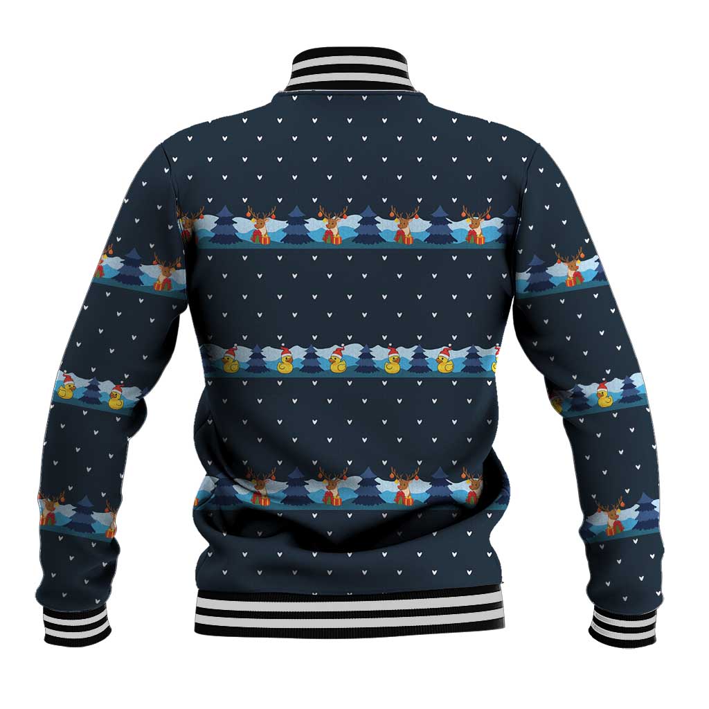 Funny Duck Characters Christmas Quacker Quote Baseball Jacket with Navy Tree Pattern Design - Wonder Print Shop