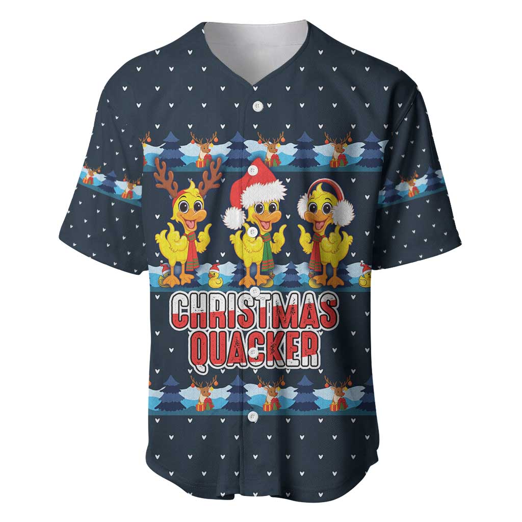 Funny Duck Characters Christmas Quacker Quote Baseball Jersey with Navy Tree Pattern Design - Wonder Print Shop