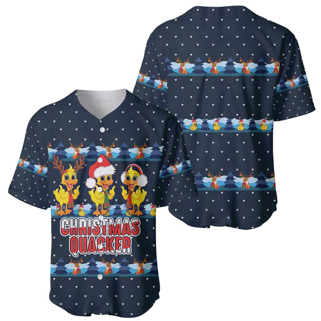 Funny Duck Characters Christmas Quacker Quote Baseball Jersey with Navy Tree Pattern Design - Wonder Print Shop