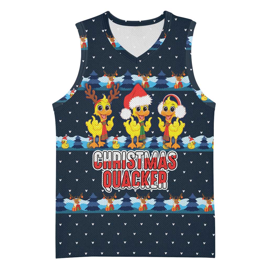 Funny Duck Characters Christmas Quacker Quote Basketball Jersey with Navy Tree Pattern Design - Wonder Print Shop