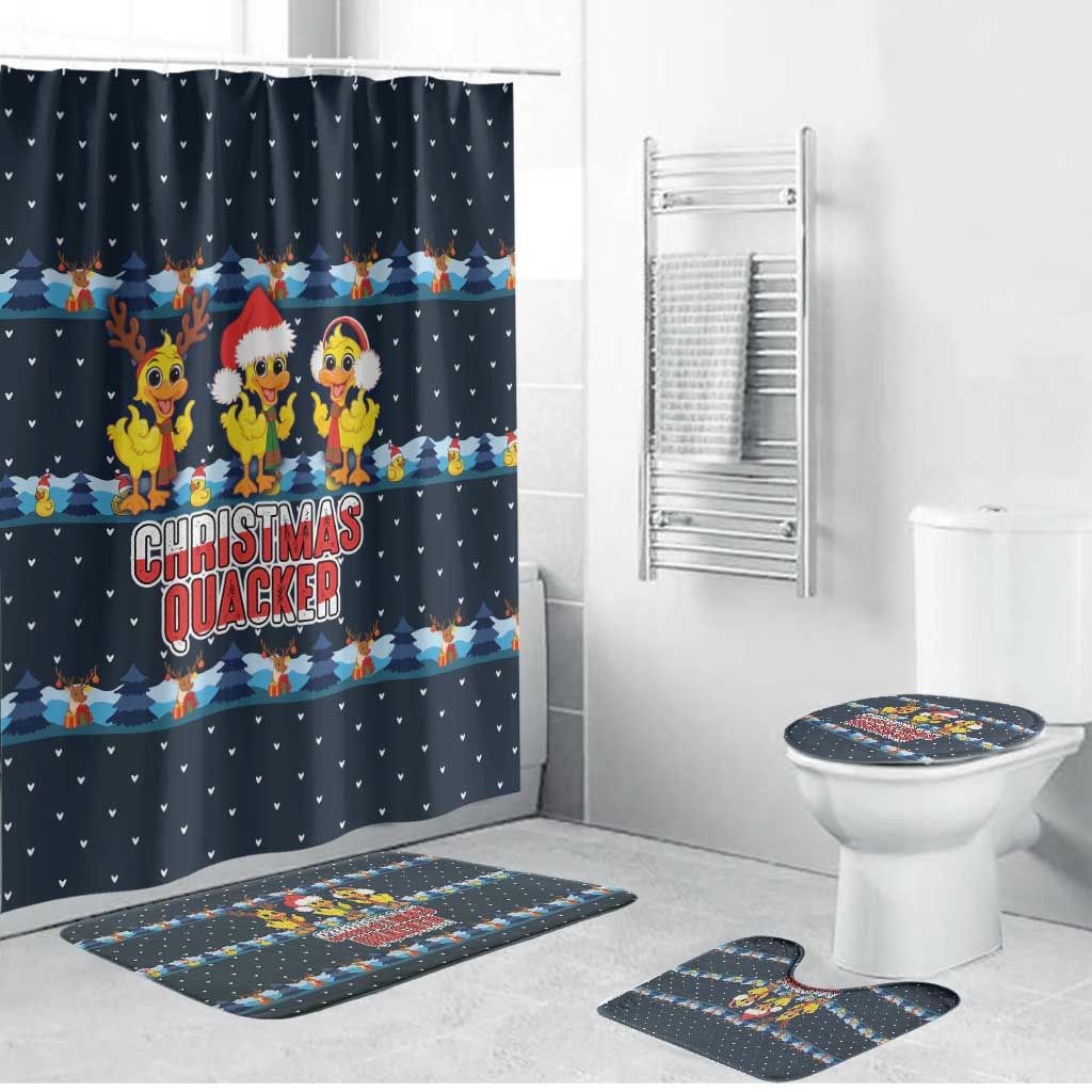Funny Duck Characters Christmas Quacker Quote Bathroom Set with Navy Tree Pattern Design - Wonder Print Shop